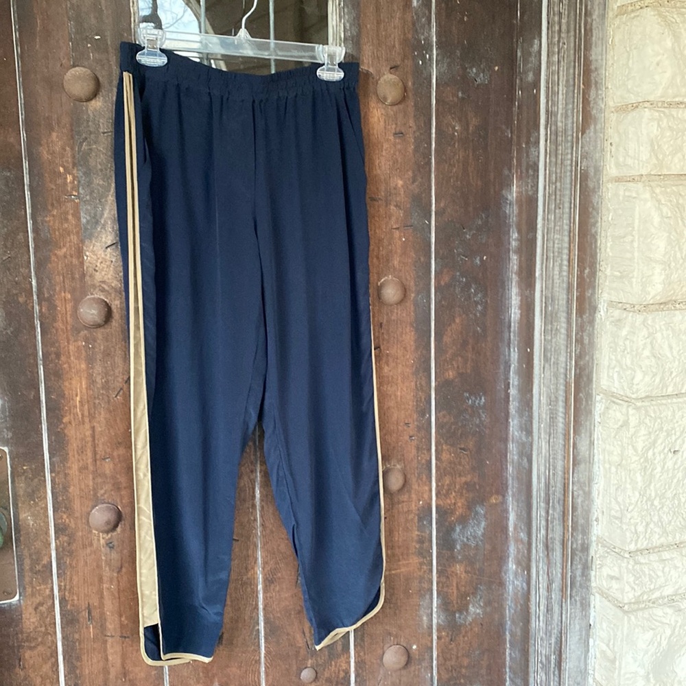 CLUB MONACO | 100% Silk Pull-on Elastic Waist Relaxed Pants Striped Side panel